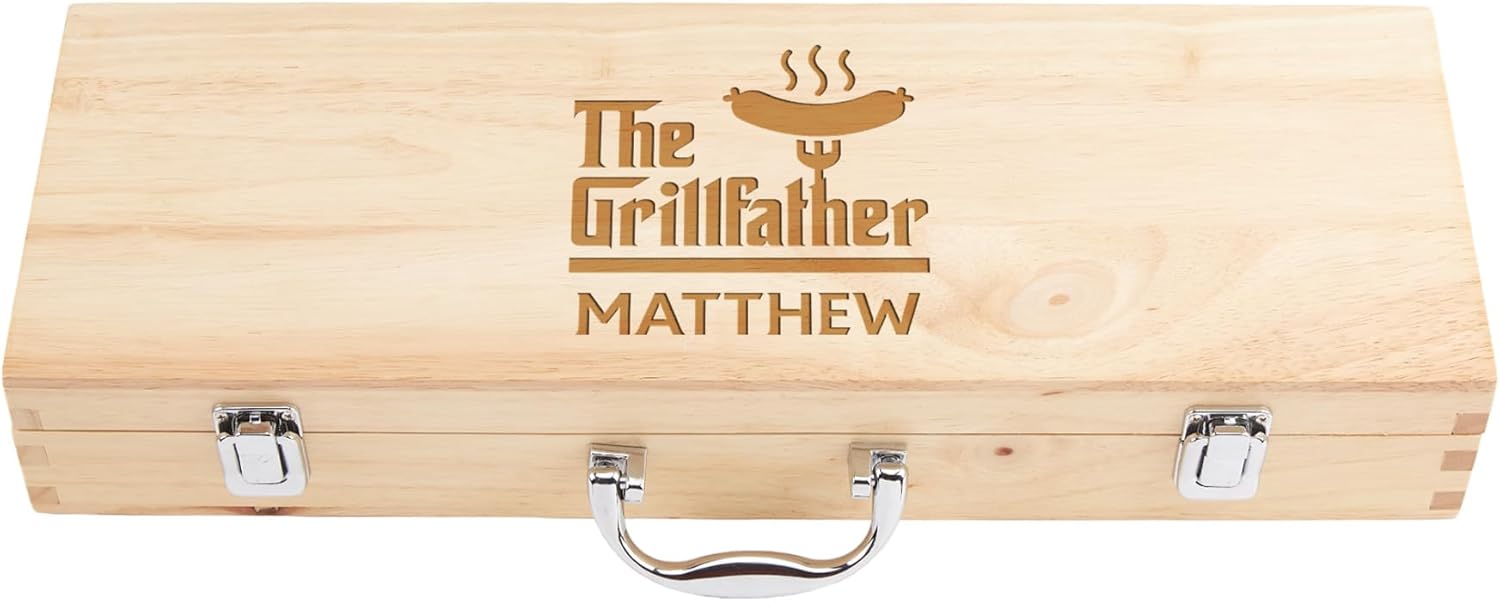 Custom Engraved BBQ Grill Set for Dad, 11pc Grilling Tool Accessories, Father's Day Grill Gift, Wooden BBQ Gifts for Men, Stainless Steel Barbecue Tool Set