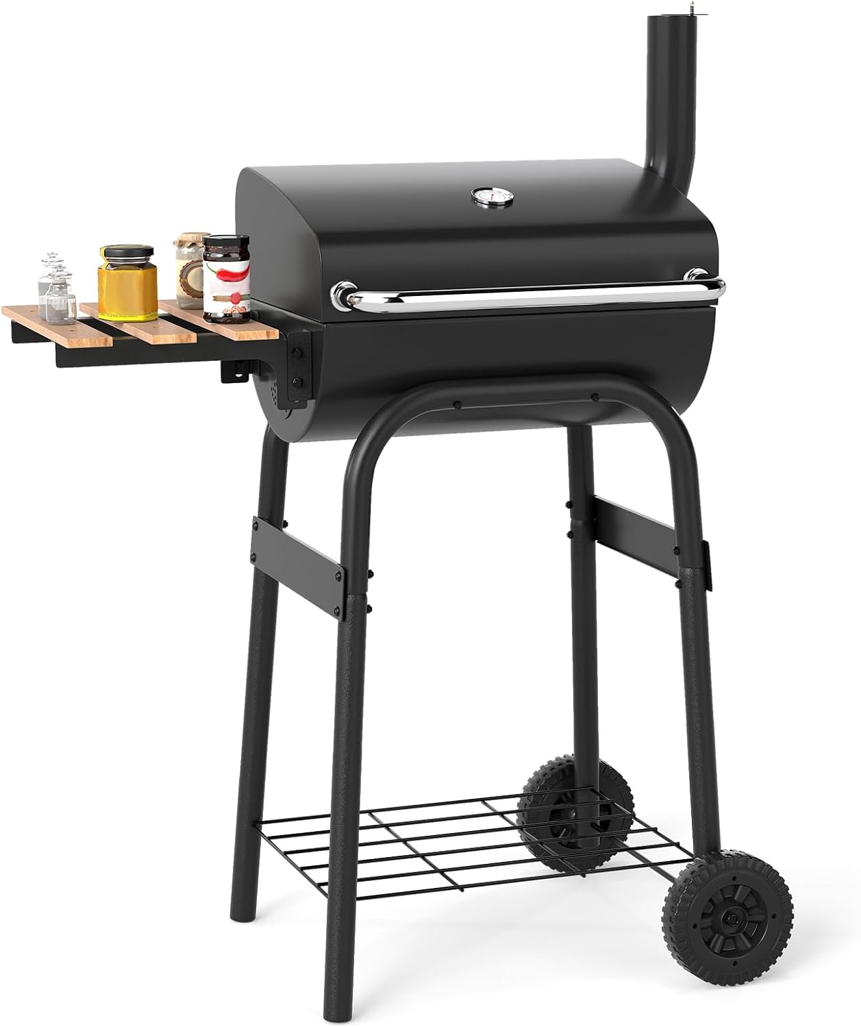 Giantex Portable Charcoal Grill with Foldable Side Table, Outdoor BBQ Smoker Grill with Wheels, Thermometer, Adjustable Air Vent, Bottom Shelf, Barrel Barbecue Grills for Patio, Camping & Tailgate