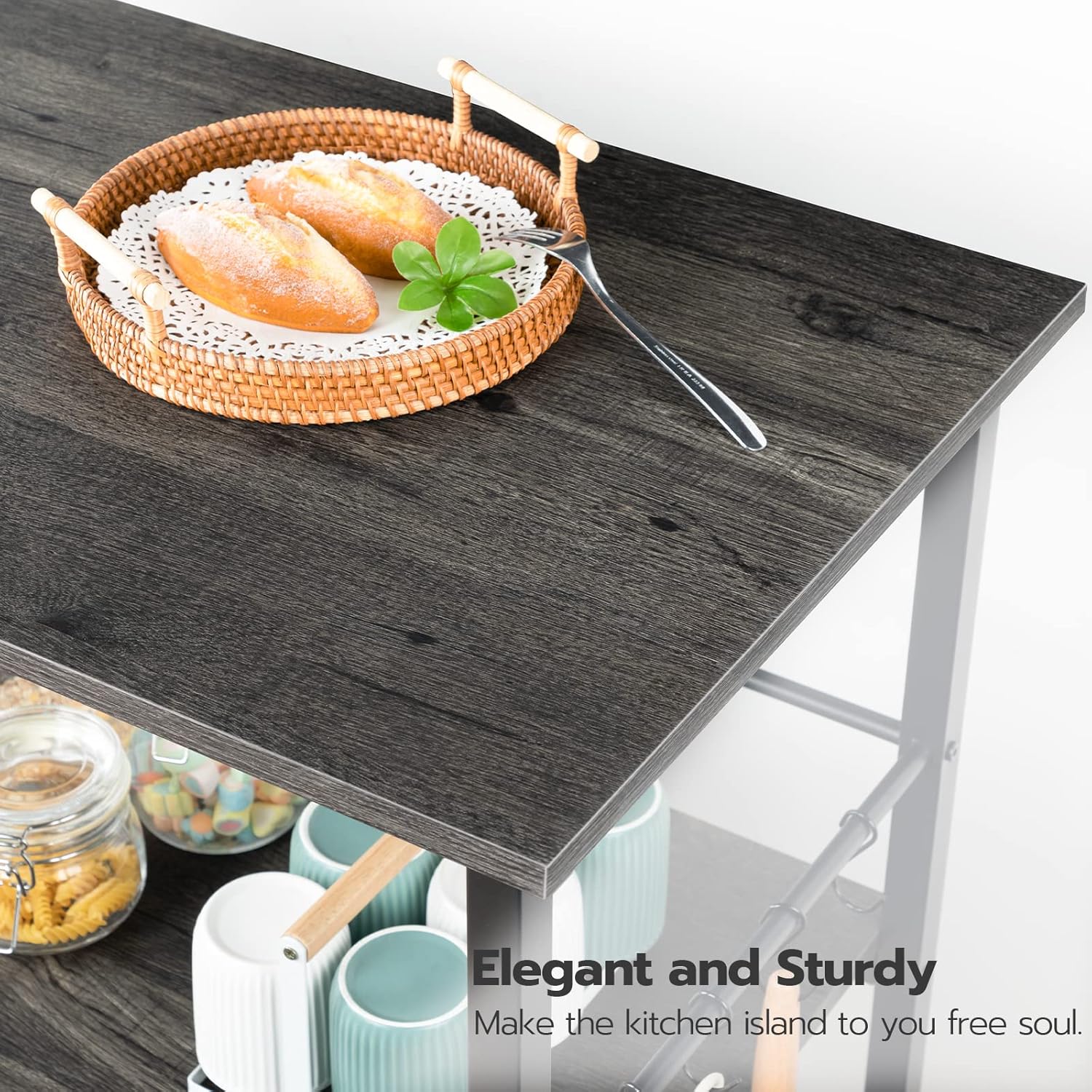 HOOBRO Kitchen Island with Storage,Industrial Kitchen Island on Wheels and Side Enclosures, 3 Tier Kitchen Cart with Large Workstation, Stable, Easy Assembly, Charcoal Gray and Black BC03ZD01