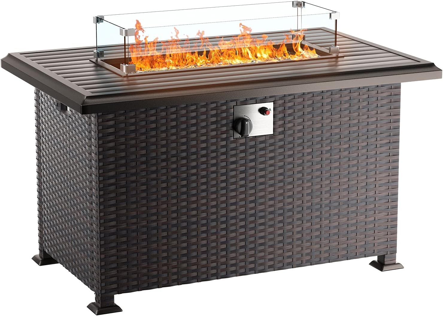 ALAULM Outdoor Propane Gas Fire Pit Table 43'',50,000 BTU with Rectangular Tabletop,Auto-Ignition,Adjustable Flame,Glass Wind Guard,Brown PE Rattan & ETL Certification