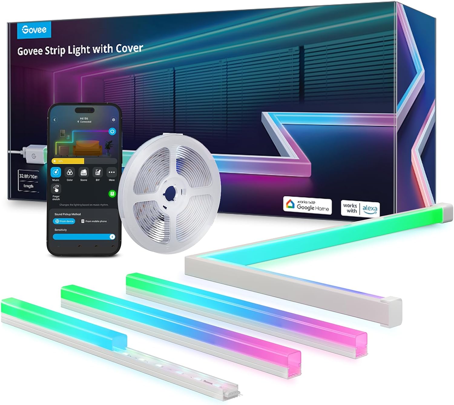 Govee RGBIC LED Strip Lights 32.8ft with Covers, Smart Lights Work with Alexa and Google Assistant, LED Diffuser Channel with LED Lights for Bedroom, Skirting Lines, Studio, Cabinet