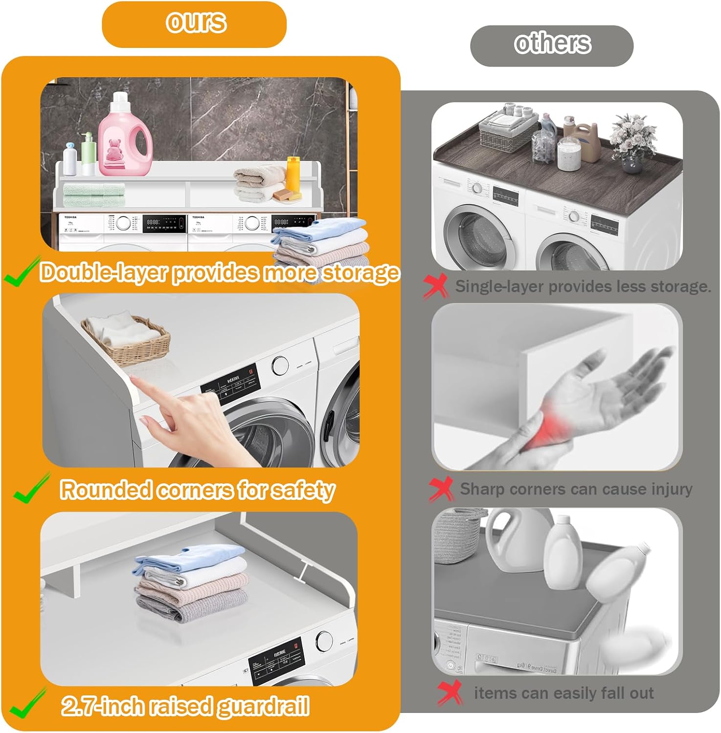 Washer Dryer Countertop with 2-Tier Shelf, Wood Laundry Countertop with 2.7