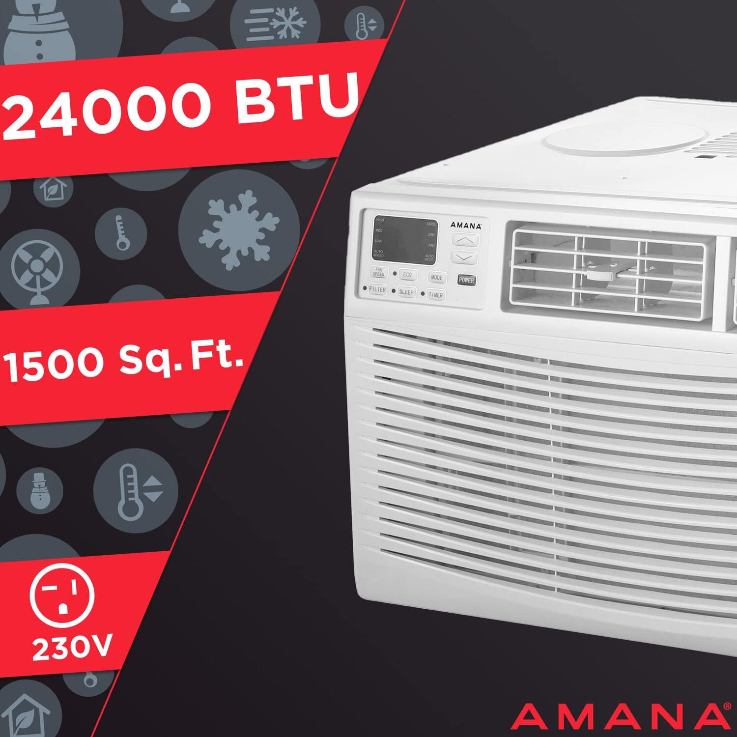 Amana 24,000 BTU 230V Window-Mounted Air Conditioner with Remote Control, AC for Rooms up to 1500 Sq.Ft, 24H Timer, 3-Speed, Auto-Restart, Digital Display, ​White
