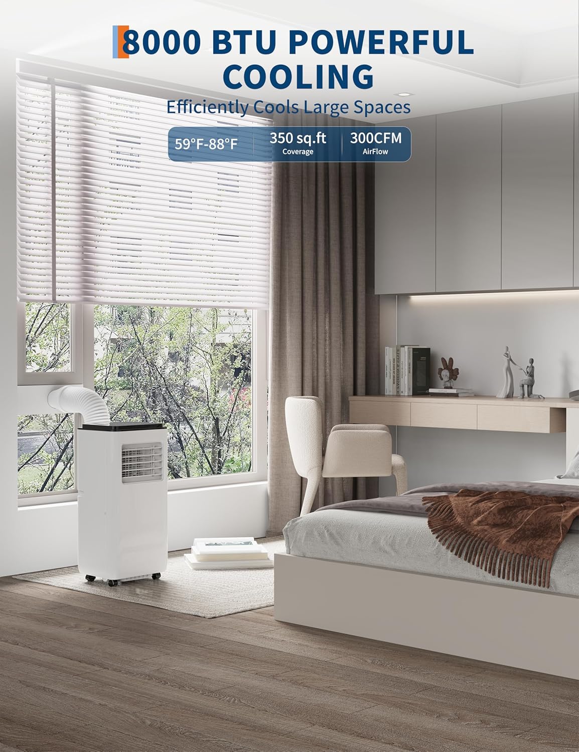 8,000 BTUs Portable Air Conditioner, Cools up to 350 Sq. Ft. with Remote Control, 3-in-1 Standing AC Unit, Cooling, Dehumidifying, Fan Mode, LED Display for Bedroom, Studio Apartment