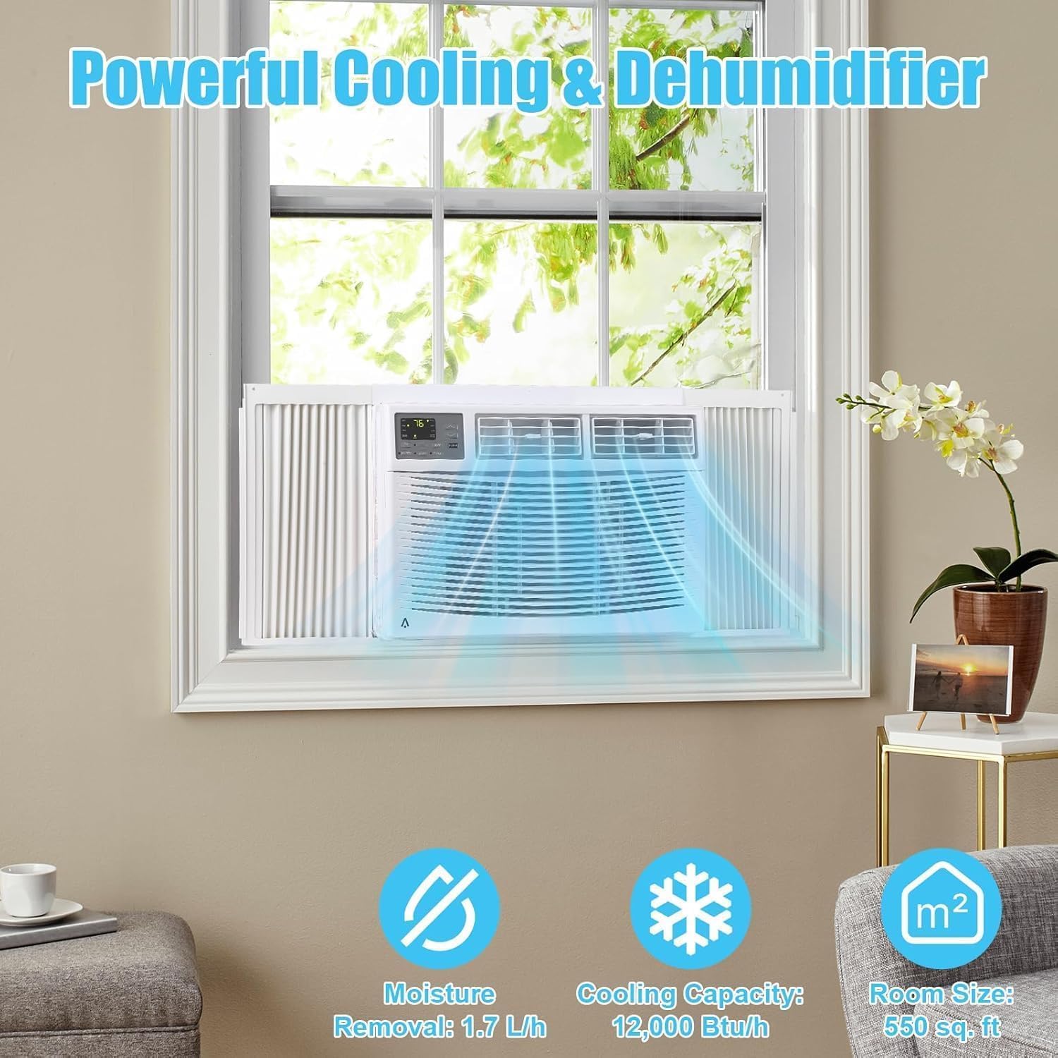 12000 BTU Window Air Conditioner 115V, Fastcooling for 550 Sq.Ft Room, Wi-Fi Enabled Remote Control, Reusable Filter, Perfect for APT, Living Room, Office
