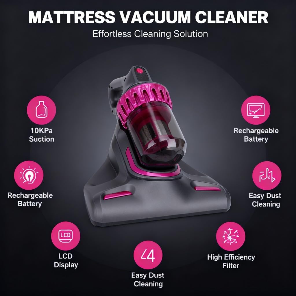 Mattress Vacuum Cleaner Cordless Handheld 10Kpa, 3 - in - 1 Bed and Sofa Cleaner Gray - Powerful Suction, Pulsation, Ideal for Deep Upholstery Cleaning