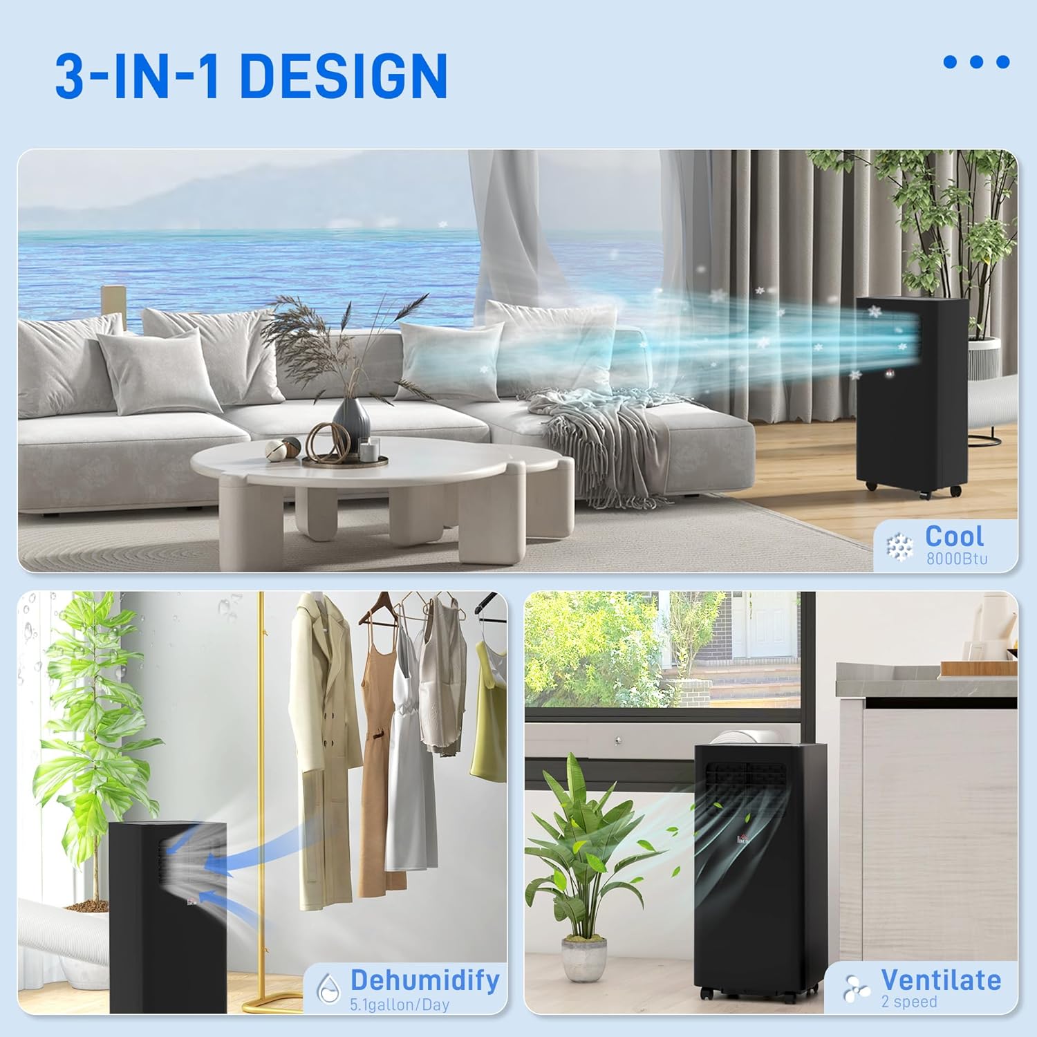 HOMCOM 8000 BTU Portable Air Conditioner for Rooms Up to 345 Sq. Ft., 3-in-1 AC Unit with Dehumidifier, Cooling Fan, Sleep, Remote, 24H Timer On/Off, Window Installation Kit, Black