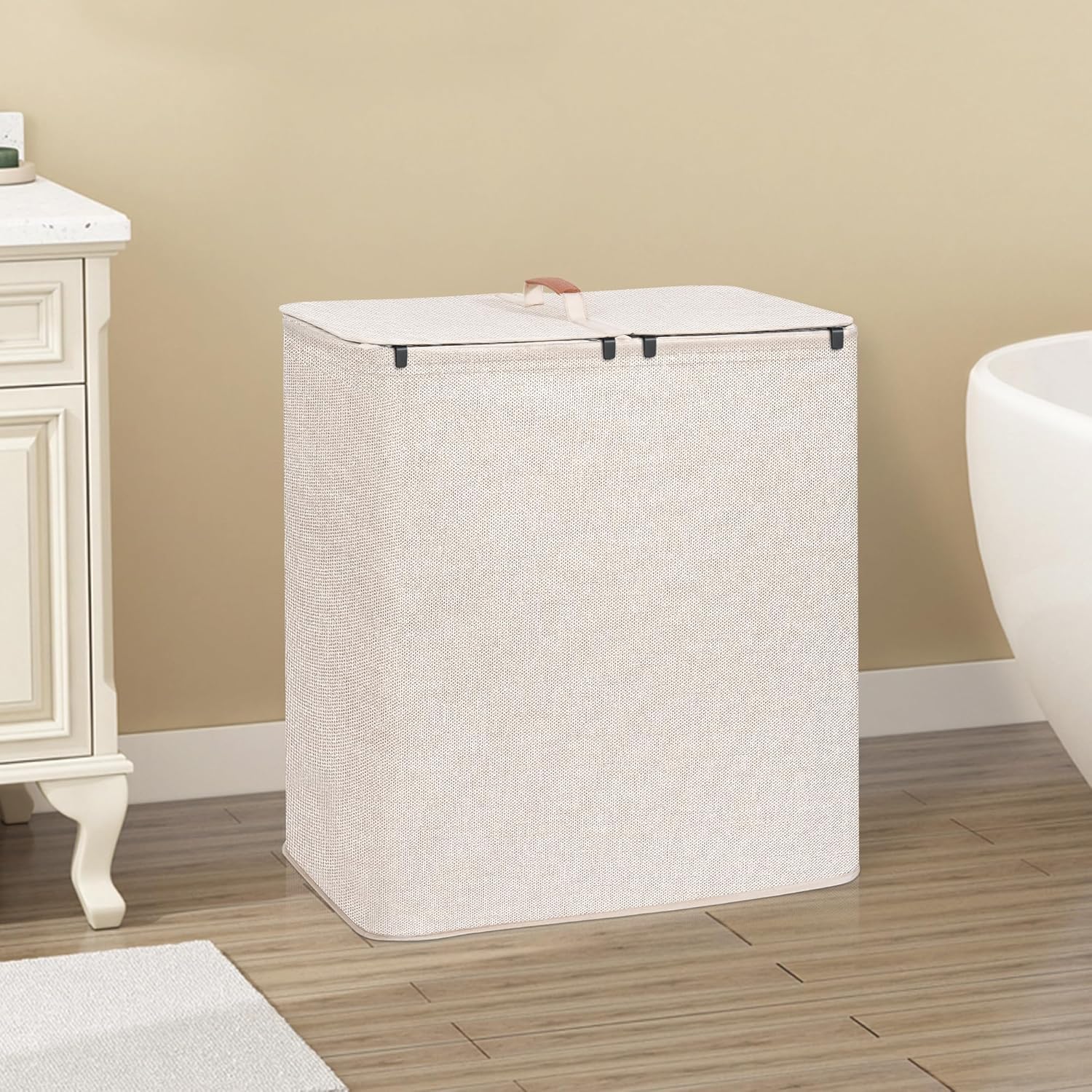 STORAGE MANIAC Double Laundry Hamper, 136L Laundry Sorter with Lid and Removable Bags, Clothes Hamper, Large 2 Section Clothes Basket with Handles for Small Space, Dorm, Closet, Bathroom, Beige