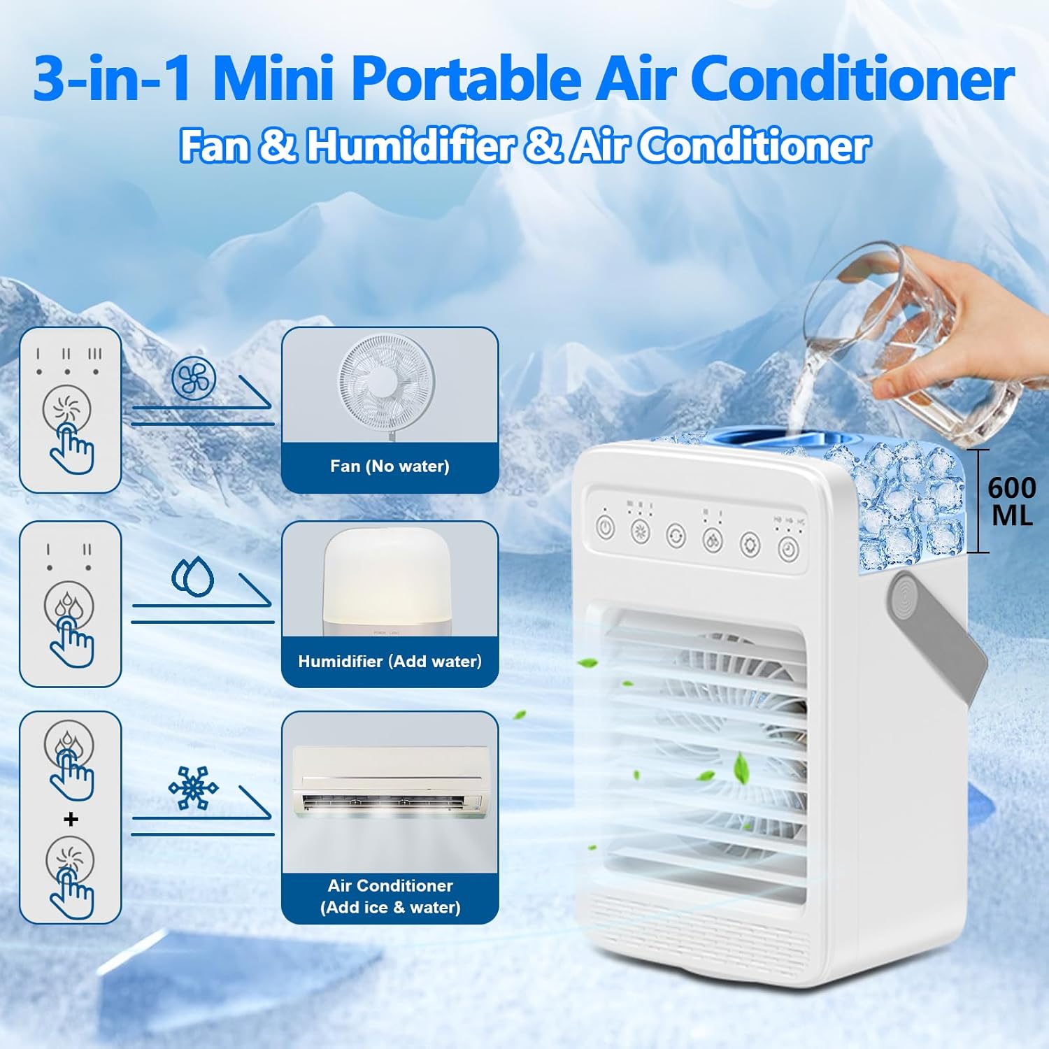 Portable Air Conditioners, 180°Oscillation Mini Air Conditioners, 4 Wind Speed Portable AC, Built-in Ambient Lighti AC Unit, Large Water Tank Air Cooler for Room/Kitchen/Office/Desk