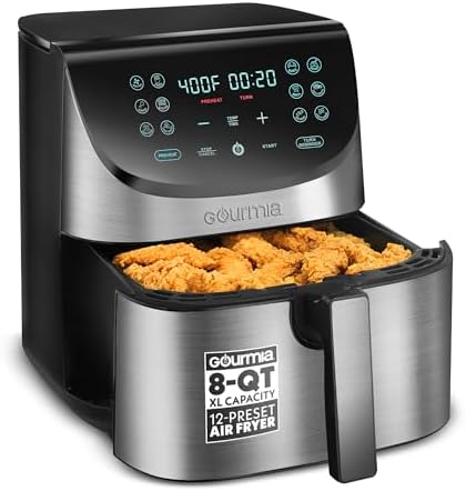 Gourmia Air Fryer - 8 Qt Extra Large Capacity, FryForce360º, Digital Display with 12 Presets, Roast, Bake, Broil, Dehydrate, Dishwasher Safe Accessories, Stainless Steel
