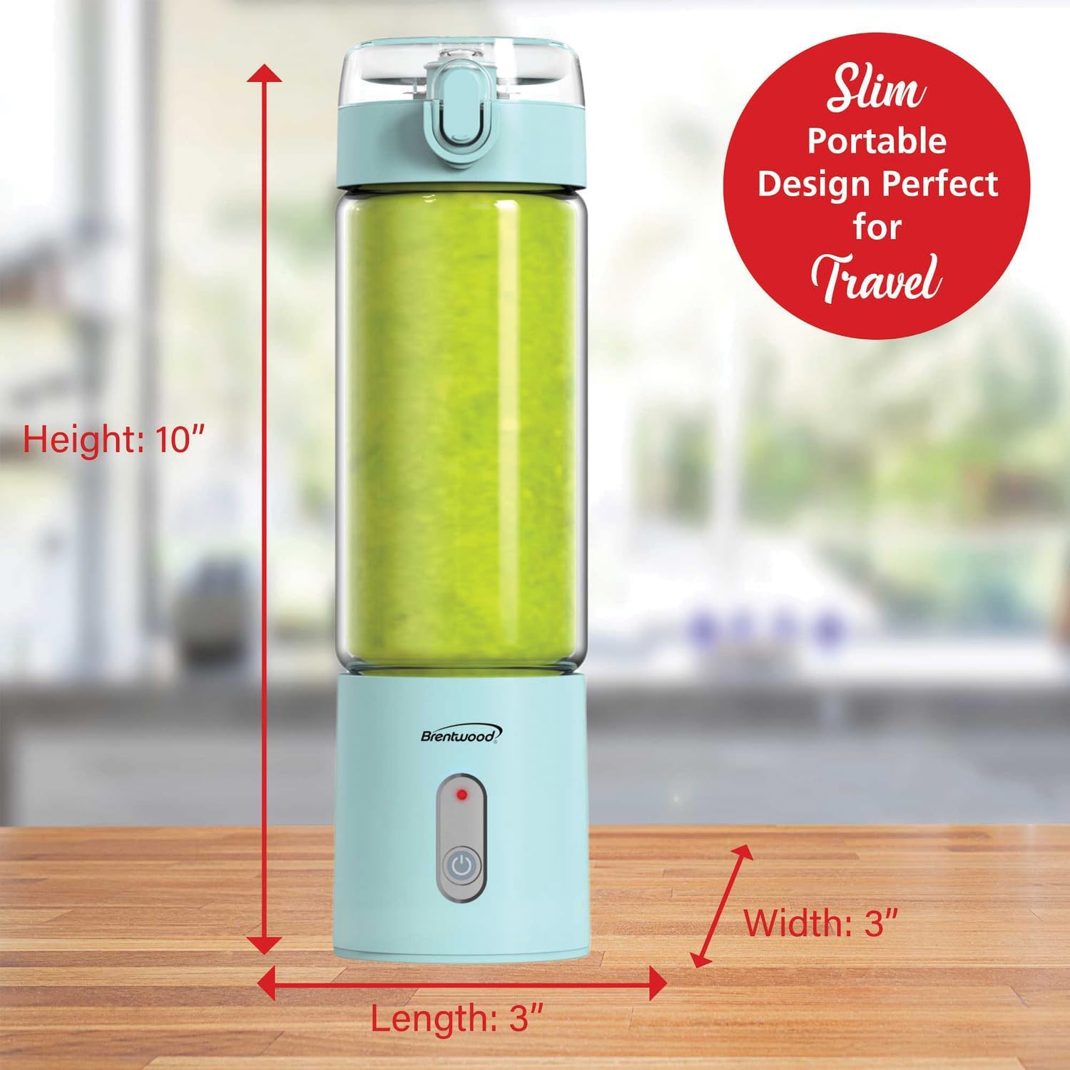 Brentwood 50-Watt 17-Oz. Portable Battery-Operated USB-Chargeable Glass Blender (Blue)