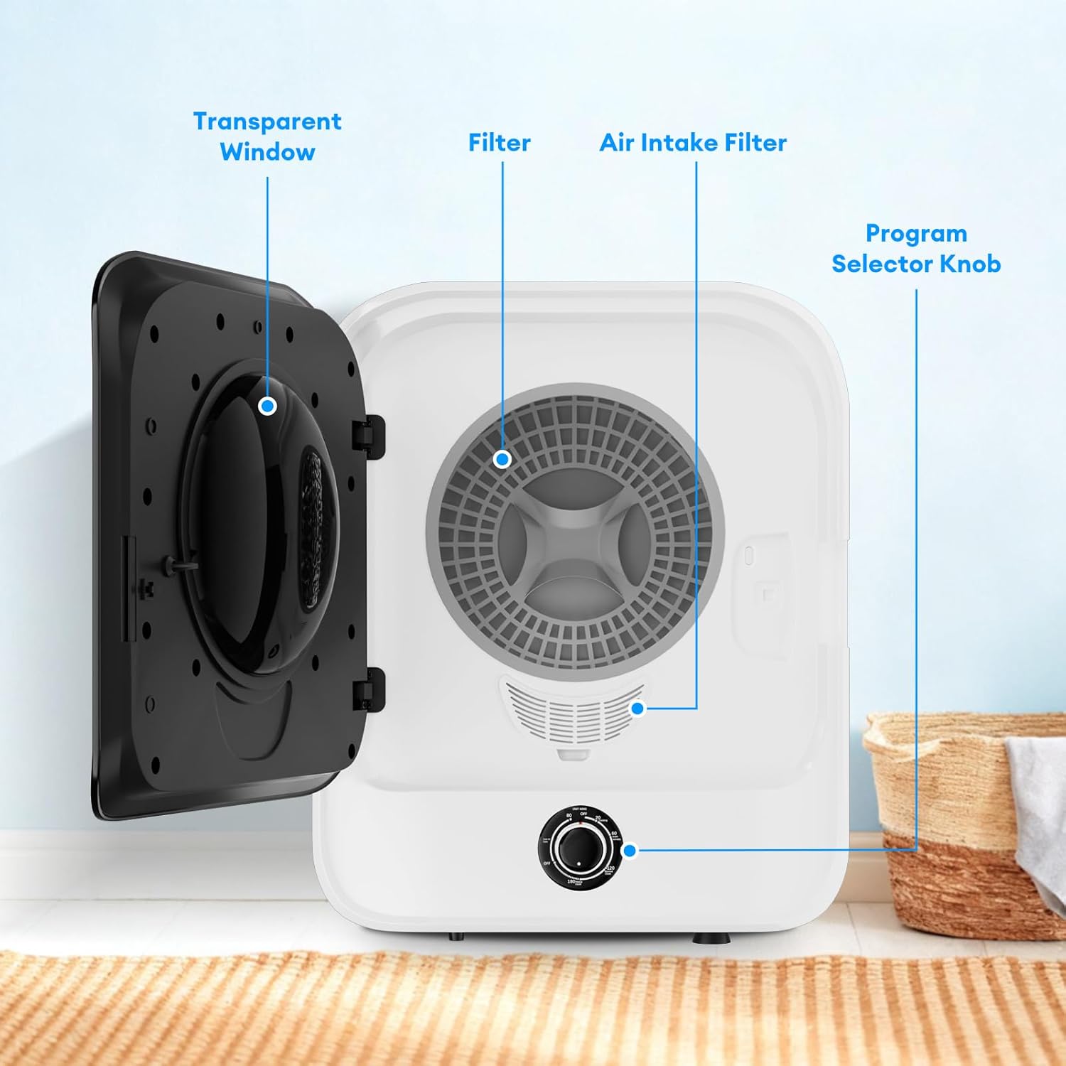 TABU 2.6 Cu.Ft. Portable Dryer for Laundry, 110V Compact Portable Clothes Dryer with Stainless Steel Tub & Control Knob, for Apartments, Dorm, RV, White