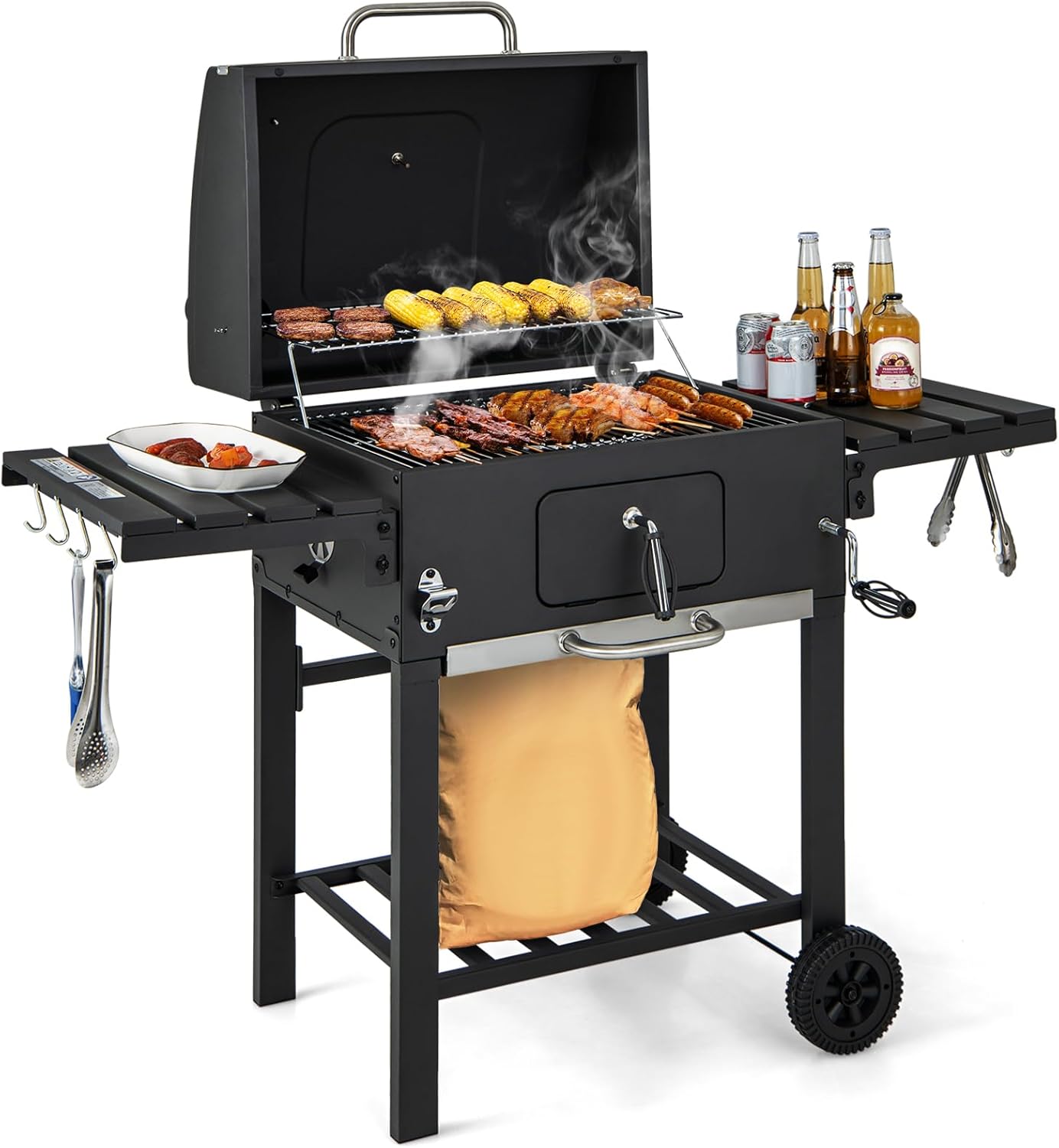 HAPPYGRILL Charcoal Grill, Heavy Duty Cooking Grill with 2 Foldable Side Tables, 8 Hooks, Storage Shelf, 2 Wheels, Flame Control, Outdoor BBQ Grill for Picnic Party Camping Backyard Patio