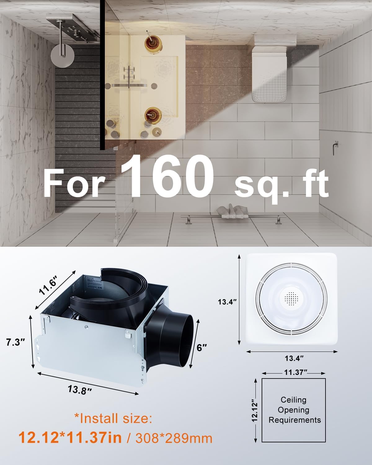 GROWNEER Bathroom Fan with Bluetooth Speaker, 110/160 CFM 1.0 Sone Bathroom Exhaust Fan with Heater, Powerful Oversize Exhaust Fan with Light & Remote, 9 RGB Modes, 1500lm 3-CCT & Nightlight