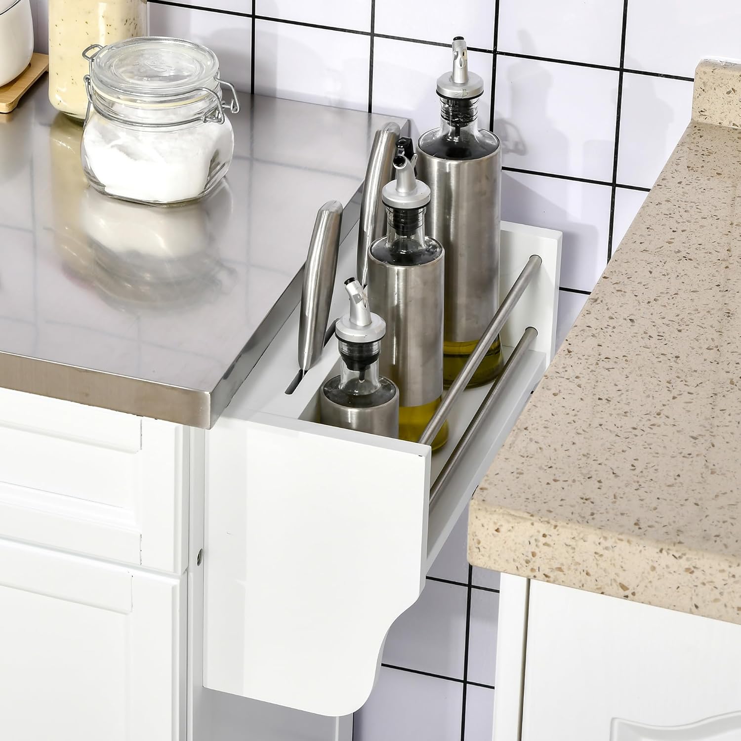 HOMCOM Kitchen Island on Wheels, Rolling Kitchen Cart with Stainless Steel Countertop, Drawer, Towel Rack and Spice Rack, Utility Storage Trolley, White