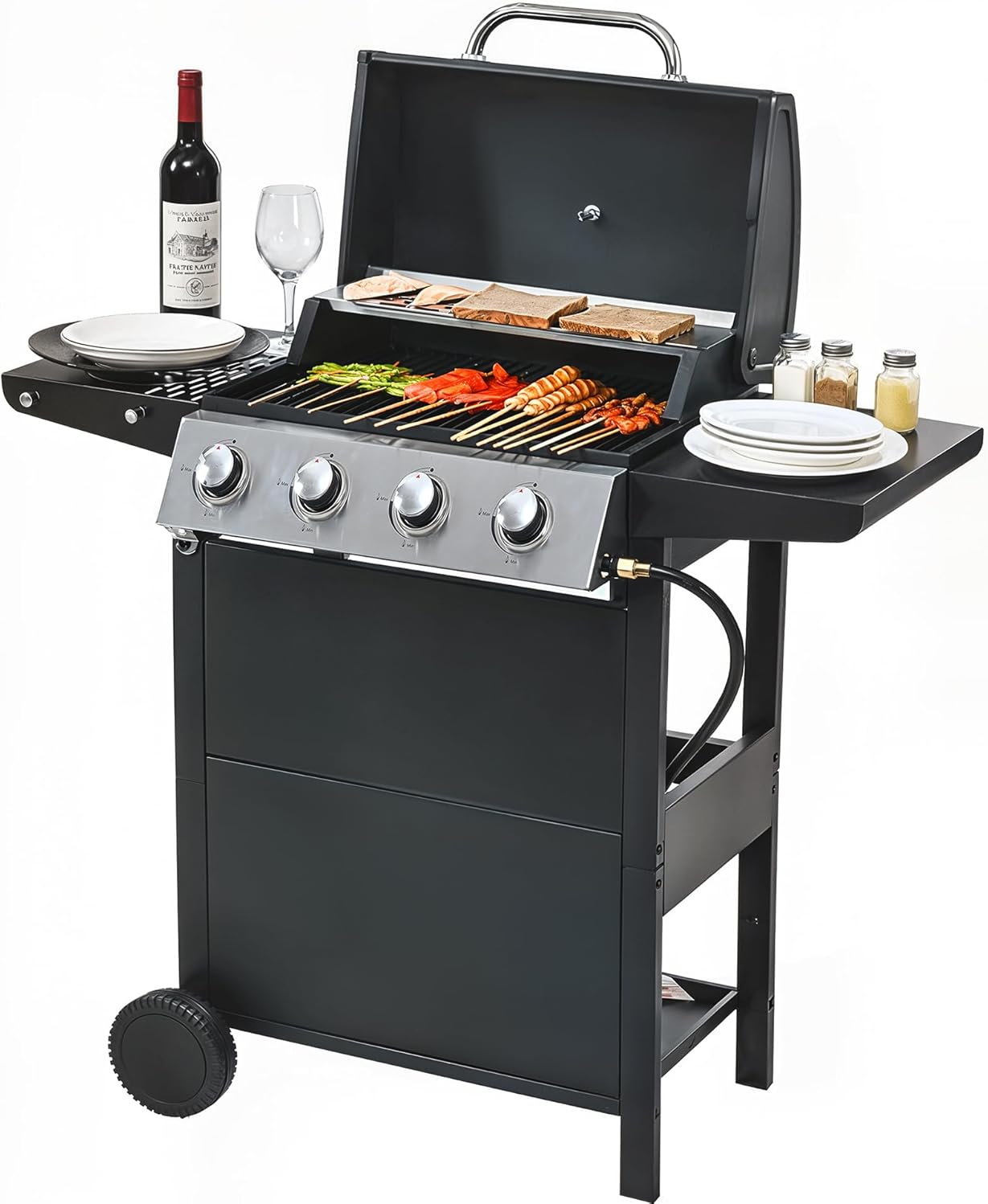 4-Burner Propane Gas BBQ Gril, Rain Cover Design, Stainless Steel Gas Grill with 40,500 BTUs Output for Outdoor, Camping, Barbecue Grilling Backyard Cooking, Black Silver