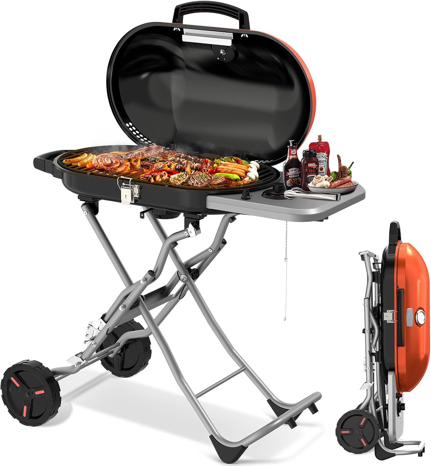RoadTrip Portable Propane Gas Grill,15,000 BTU BBQ Grill with Top Cover Lid,Folding Legs & 2 Wheels, 406 sq.in. Grilling Areas, Built-in Thermometer, Barbecue Gas Grill for Patio,Party,Orange