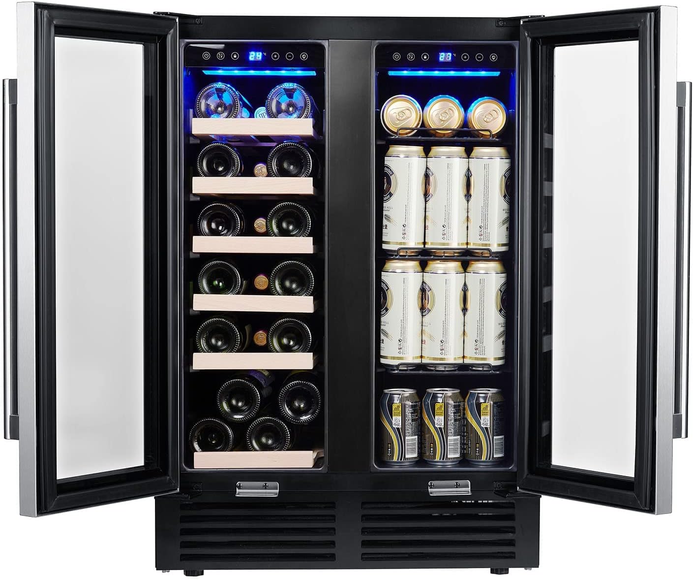 24'' Wine Cooler Refrigerator, Dual Zone Built-in or Freestanding Wine Cooler with Double Glass Door, Mini Quietly Fridge with Compressor, Keeps 19 Wine Bottles and 57 Cans Beverages
