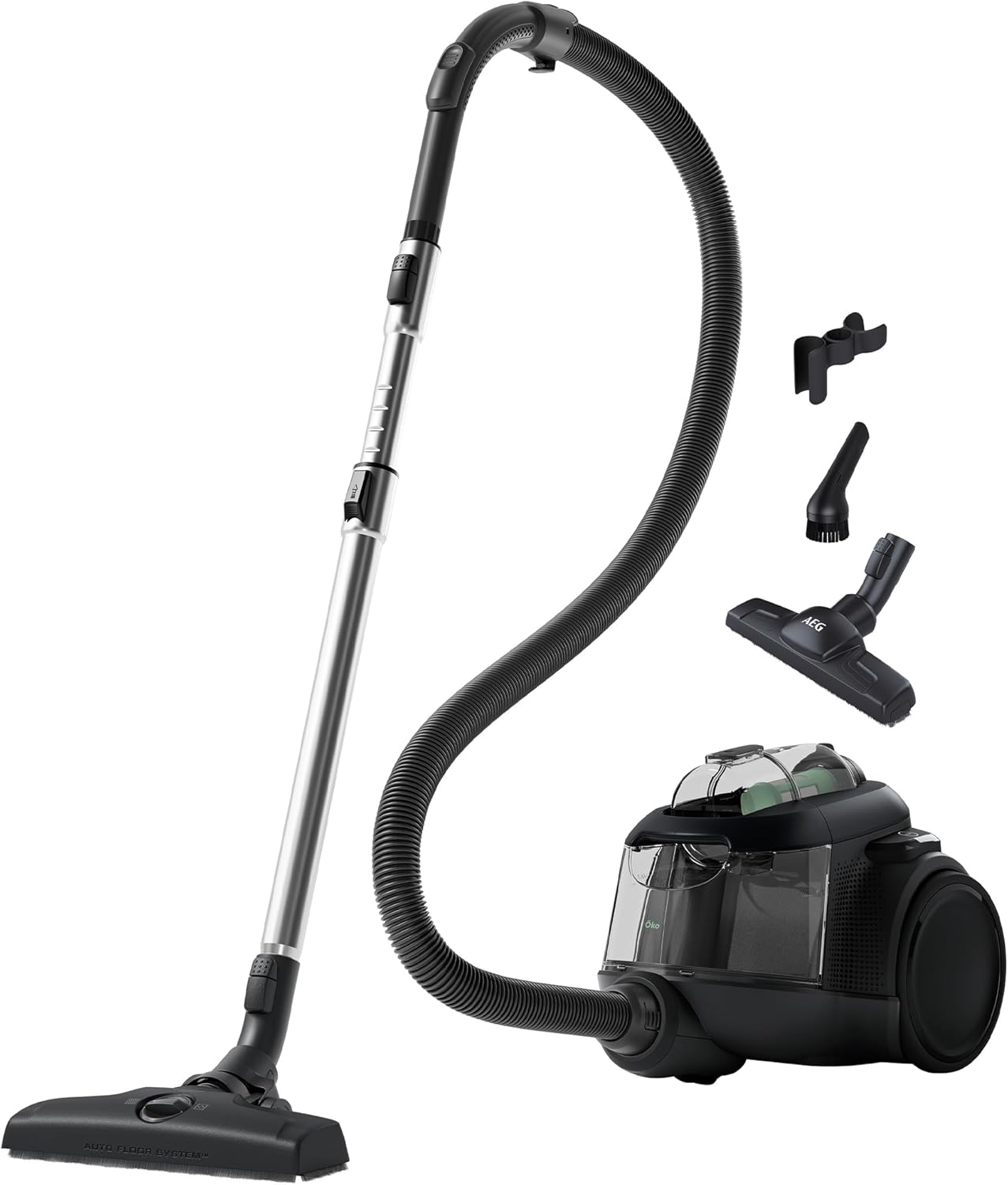 AEG 900258554 Bagless Vacuum Cleaner, 60% Recycled Material, 550 W, Additional Nozzles, Soft Wheels, 74 dB, 1.6 lt Reservoir, Black