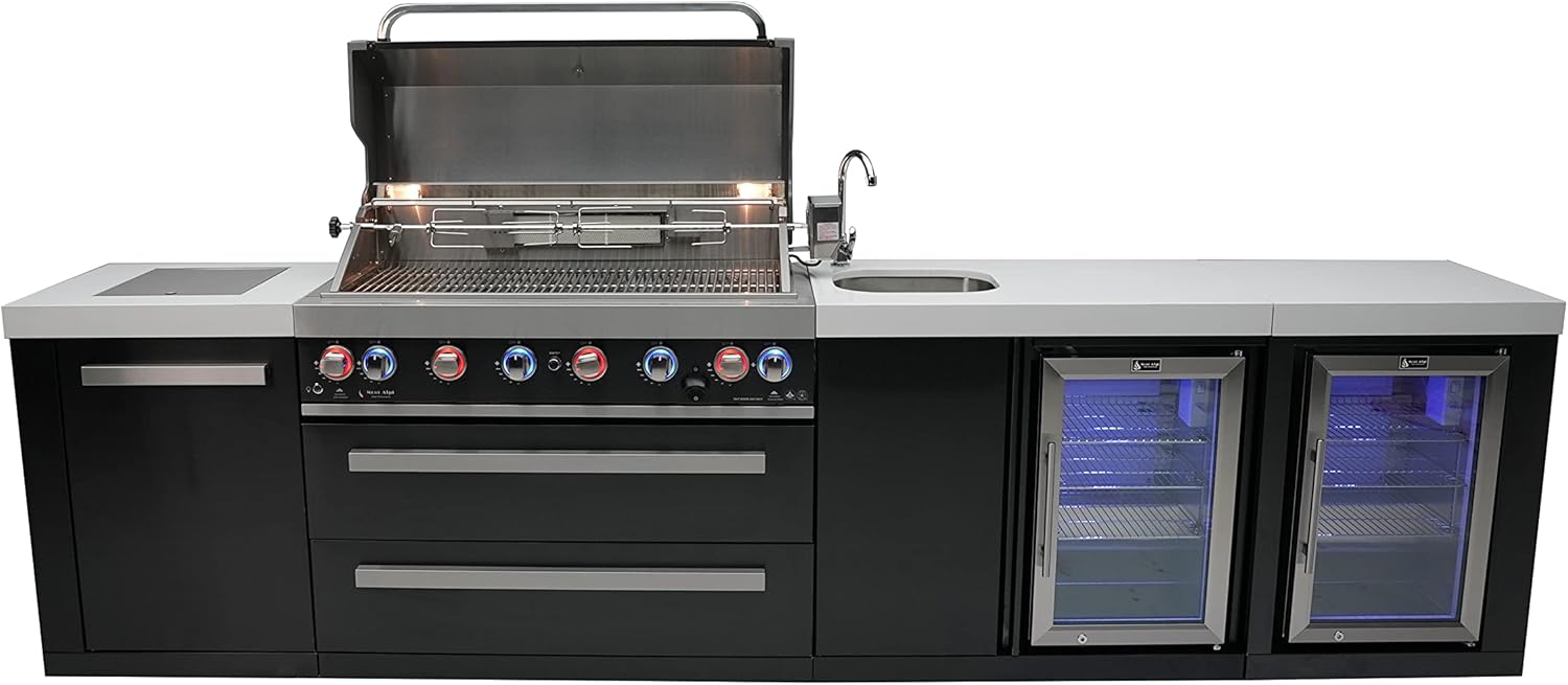 Mont Alpi MAi805-BSSBEVFC 805 44-inch 6-Burner 115000 BTU Black Stainless Steel Double Outdoor Rated Refrigerator Wine Cooler Beverage Center Granite Countertops + Faucet & Sink