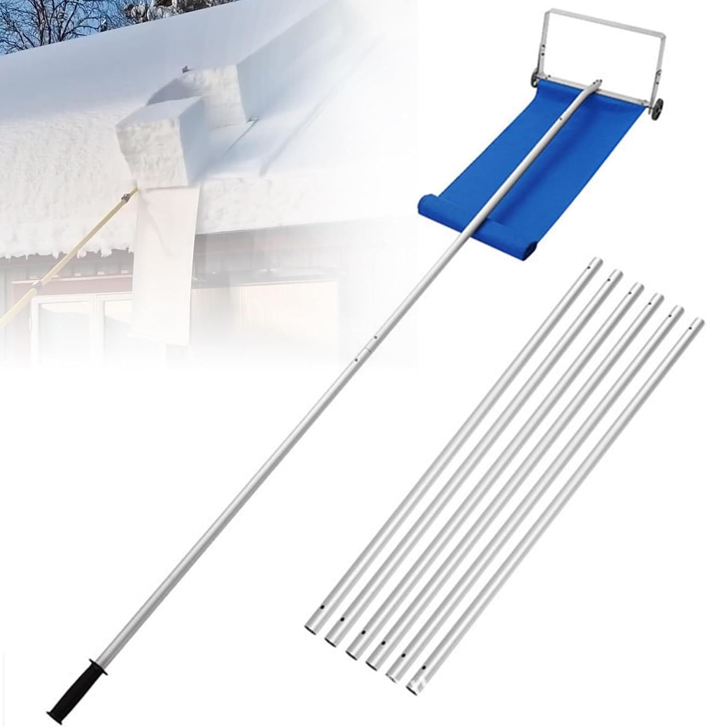Aluminum Snow Rake with Wheels, 5 Extension Tubes & Anti-Skid Handle, Easy and Quick Snow Removal from Roof, Anti-Slip Handle, Lightweight, Safe and Labor-Saving