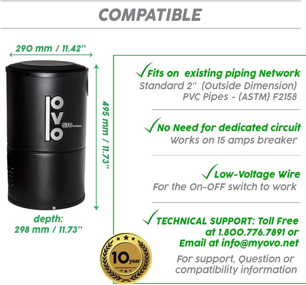 OVO Compact and Powerful Central Vacuum System, Condo Vac, 630 Airwatts, Use with Disposable Bag, 18L or 4.75Gal, 30 ft Deluxe Accessory Kit Included
