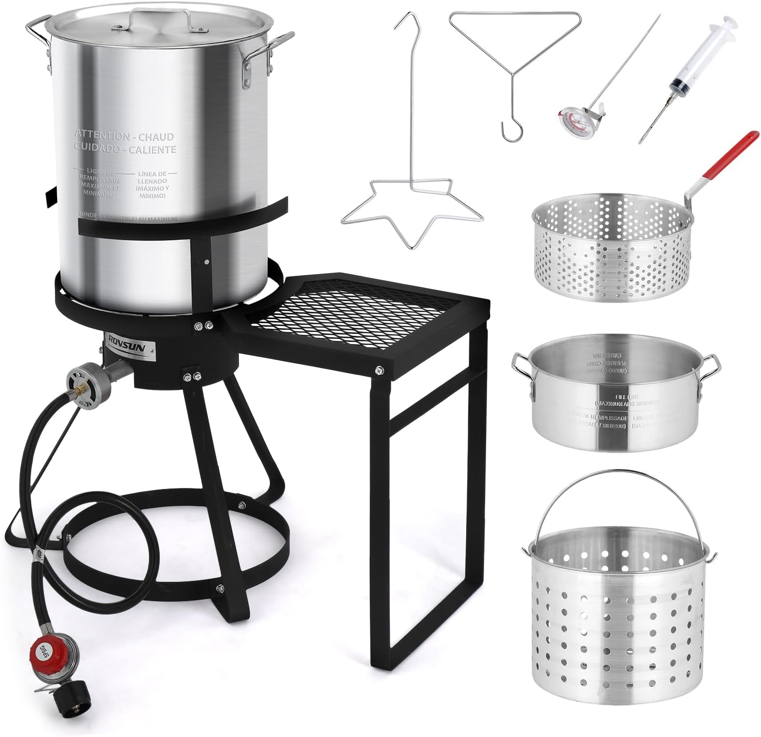 ROVSUN 30QT Turkey Fryer & 10QT Fish Fryer Kit, 55000BTU Propane Stove with Shelf, Aluminum Outdoor Deep Fryer & Seafood Boiler Steamer w/Baskets, Thermometer, Marinade Injector, Turkey Rack & Lifter