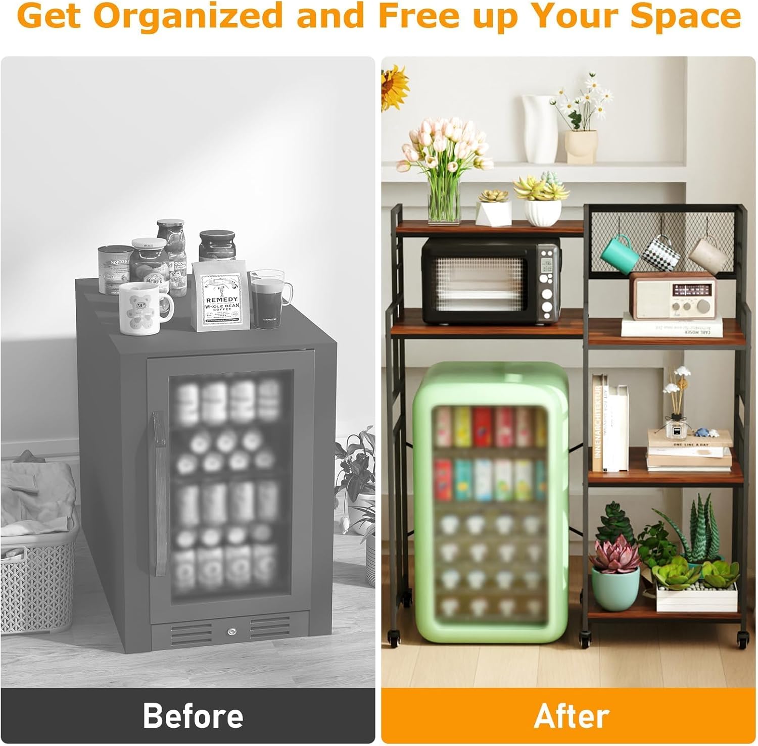 tonchean Mini Fridge Stand with Storage 6-Tier Kitchen Bakers Rack with Wheels Multi-Functional Microwave Oven Stand Table with Height Adjustable Shelves for Kitchen, Living Room, Office