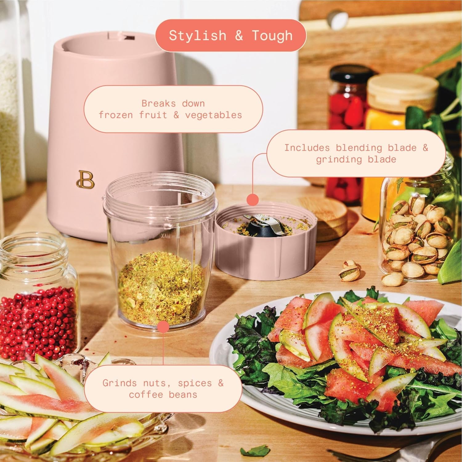 Beautiful 12-Piece Personal Blender Set, 240W Power, With Blend-and-Go Cups, Leak-Resistant Lids, Easy Clean, Compact Design, Ideal For Smoothies, Shakes & Meal Prep (Rose)