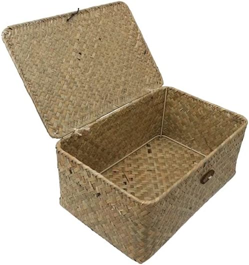 INLIMA Appliance Shelf for Kitchen Straw Basket with Lid Rattan Woven Basket Desktop Clothes Sundries Storage Box for Bedroom Home Decor (Size : Small)