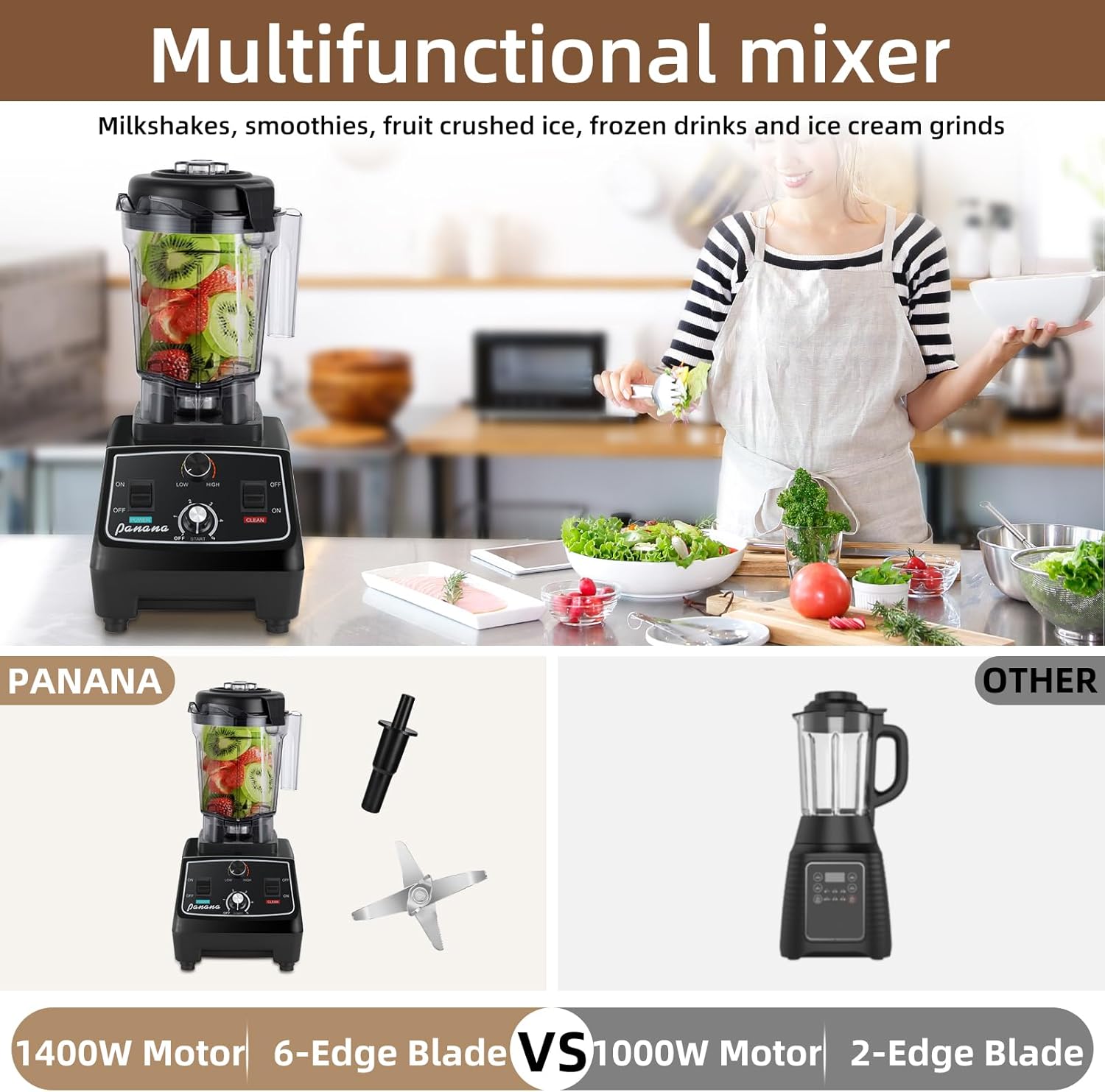 Panana Professional Countertop Blender, 1400W for Shakes and Smoothies, Home & Commercial With Timer and Speed Control, 68oz BPA-Free, Dishwasher Safe