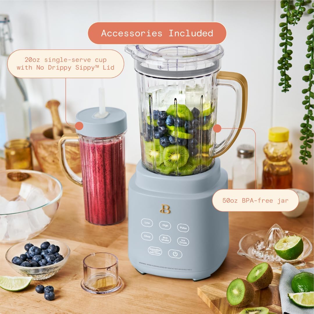 Beautiful PowerExact Blender System, 700W, Touch Display, PrecisionSense Tech, 50oz Tritan Jar + 20oz To-Go Cup, 4 Presets, Ice Crush, Smoothie, Dishwasher Safe, Gold Accents, Cornflower blue