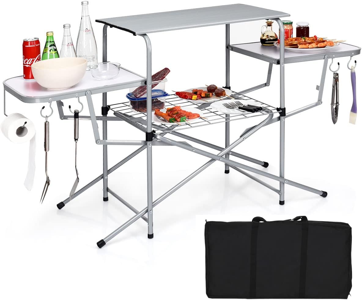 Tangkula Folding Grill Table, Aluminum Camping Kitchen Table with Cook Station, Hooks, Portable Camp Cook Table with Storage Organizer Shelves, Carrying Bag, Ideal for Picnic, BBQ, Party, Outdoor