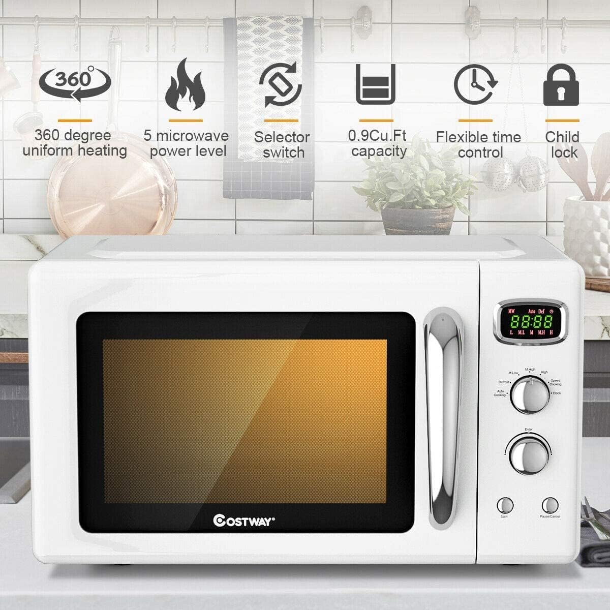 ARLIME Retro Microwave Oven, 900W/0.9Cu.Ft, Small Countertop Microwave w/Defrost & Auto Cooking, LED Display, Pull Handle, Easy Clean Stainless Steel Interior, Child Lock, ETL Certification