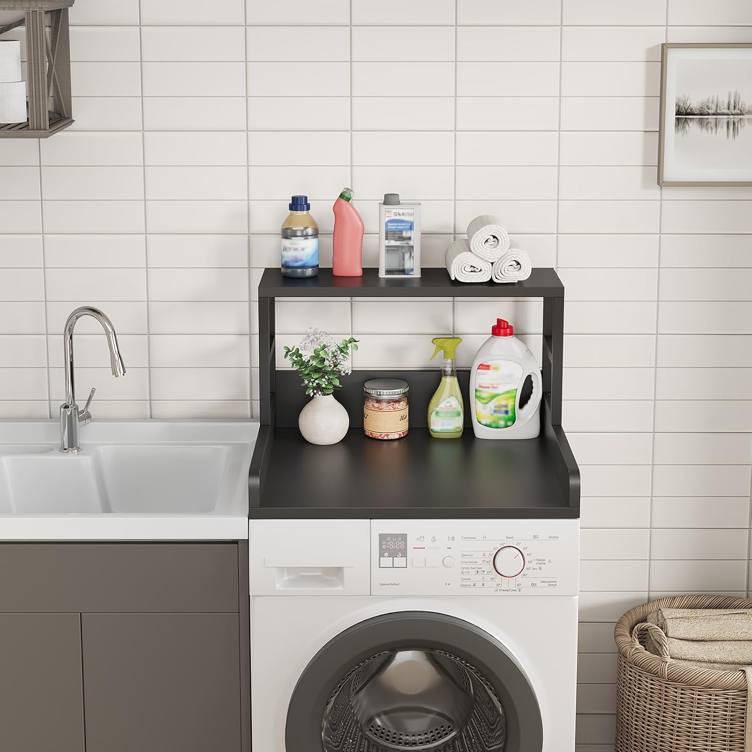 Washer Dryer Countertop, 27.5″Dx 27.5″W x 16.7″H, Non-Slip Pads, Laundry Countertop with Curved Edge, Laundry Room Storage and Organization for Clothes Folding and Sorting(Black)