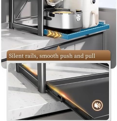 Microwave Stand 2-Tier Adjustable Kitchen Counter Oven Shelf With Pull-Out Tray, Metal Countertop Storage Rack With 6 Hooks Rice Cooker Stand Organizer(Gray,L:22.8