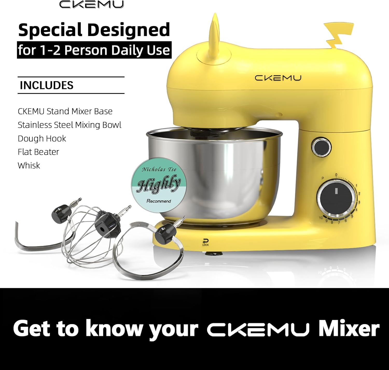 Stand Mixer, Compact & Space-Saving, Stainless Steel Bowl, Unique & Playful Design, Effcient Motor, Dishwasher-Safe Attachments, SM-2549A (Yellow)