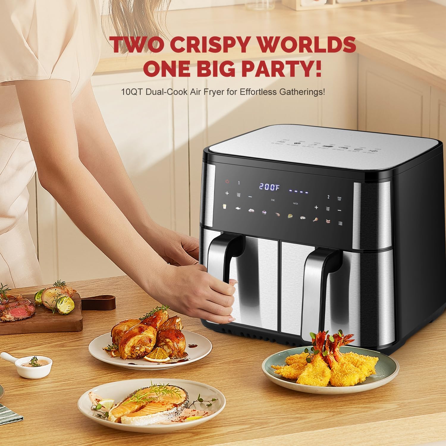 Upgraded Large 10QT Dual Air Fryer, Digital Touchscreen, Smart Sync Cook & Finish Function to Air Frying, Reheat, Bake, Double Baskets for Fresh Meals, Snack for Family and Children