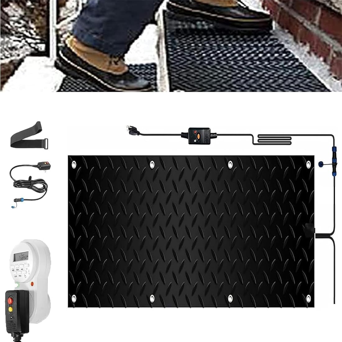 Snow Melting Walkway Mat with Timer, 1/2/3/4/5 Pcs Non Slip Rubber Heated Mat with Power Cord, 2 in/h Speed Melting for Winter Outdoor Stairs Doorways Walkways(1 Pcs,12x36in/(30x90cm))