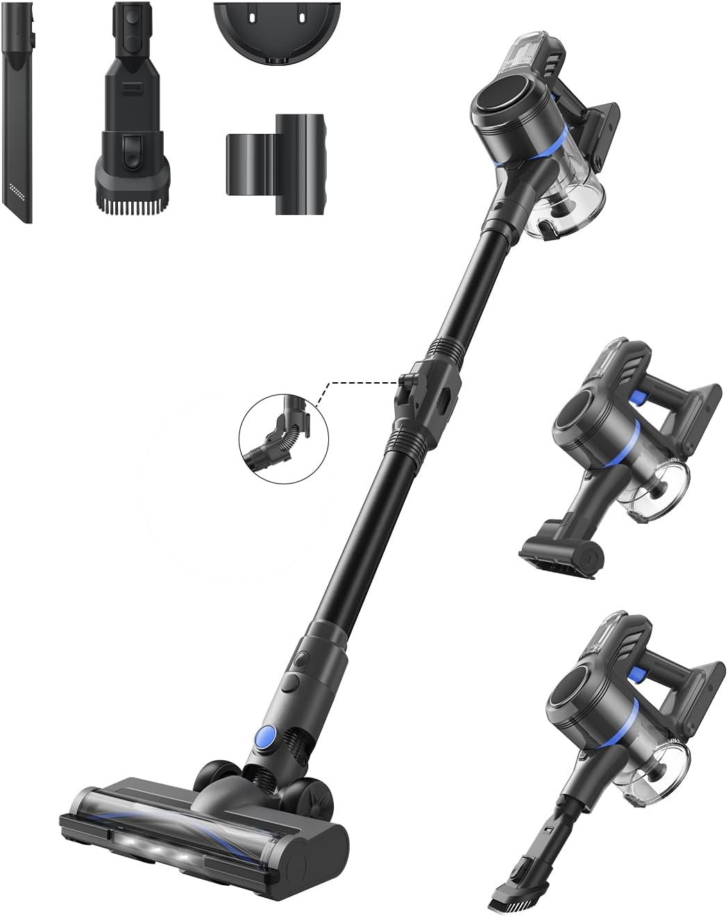 MOVA J30 Cordless Vacuum Cleaner,144AW Powerful Suction, 180° Folding Tube Cleans Corners, 4-in-1 Stick Vacuum, 60Min Runtime, Anti-Tangle Brush with Lights, Deep Clean Pet Hair, Hard Floor, Carpet