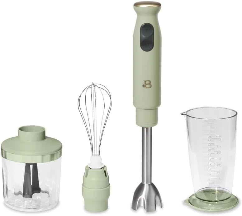 Beautiful 2-Speed Immersion Blender with Chopper & Measuring Cup, Stainless Steel Shaft, Quiet 250W Motor, Cornflower Blue Finish, Dishwasher Safe, Includes Whisk & 24 oz Beaker (Sage Green)