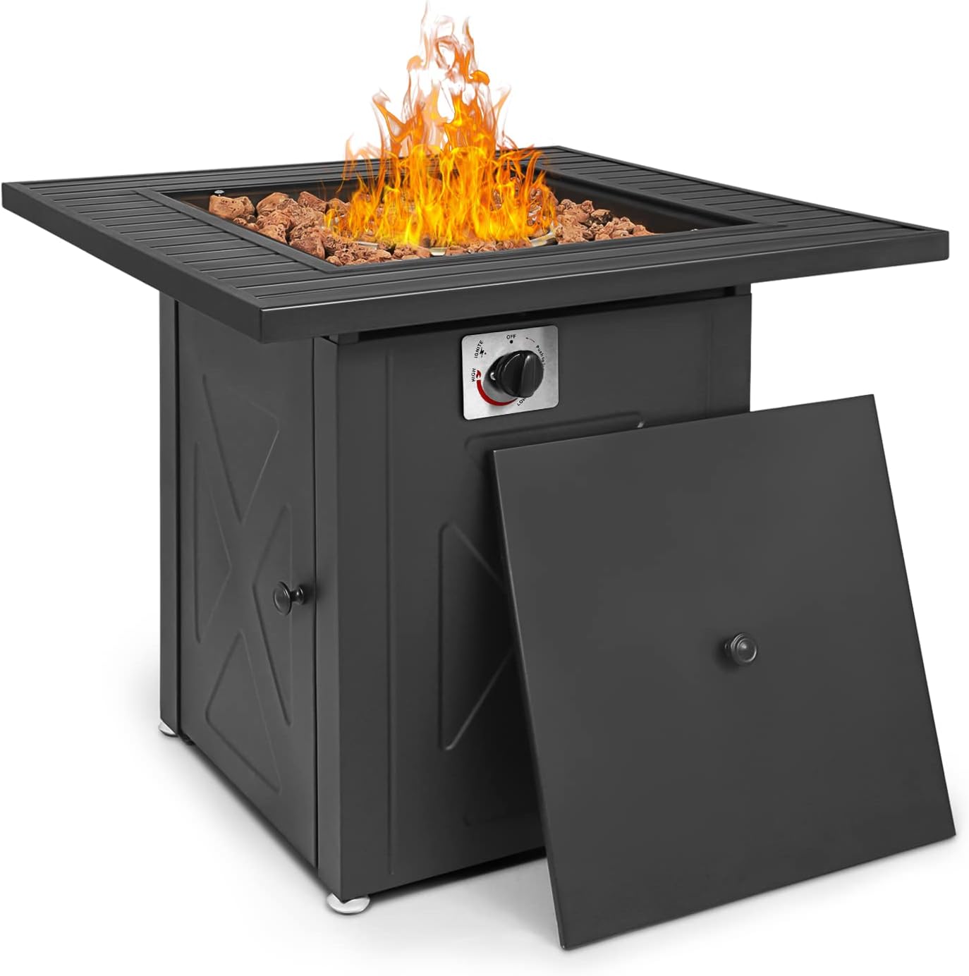 MoNiBloom 28 in Fire Propane Pit Tables 50000 BTU Square Outdoor Firepit Tabletop with Quick Manual Ignition and Lid for Garden Courtyard Patio Balcony, Gray