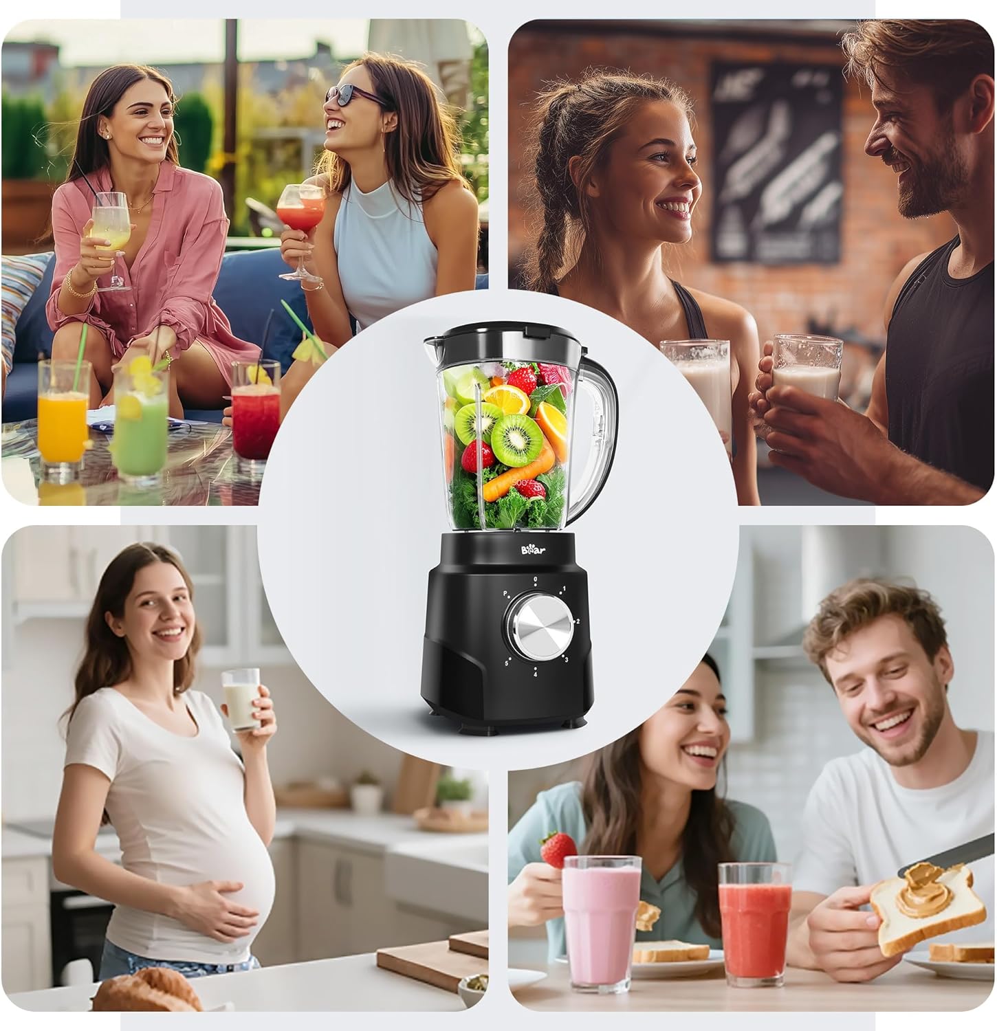 Bear 800W 6-Speed Blender, Smoothie Blender for Kitchen with 50oz(1.5L) BPA-Free Cup/Suction Feet/Feeding Hole/10 blades, Countertop Blender for Smoothies, Crush Ice, Frozen Fruit, Juice and Puree
