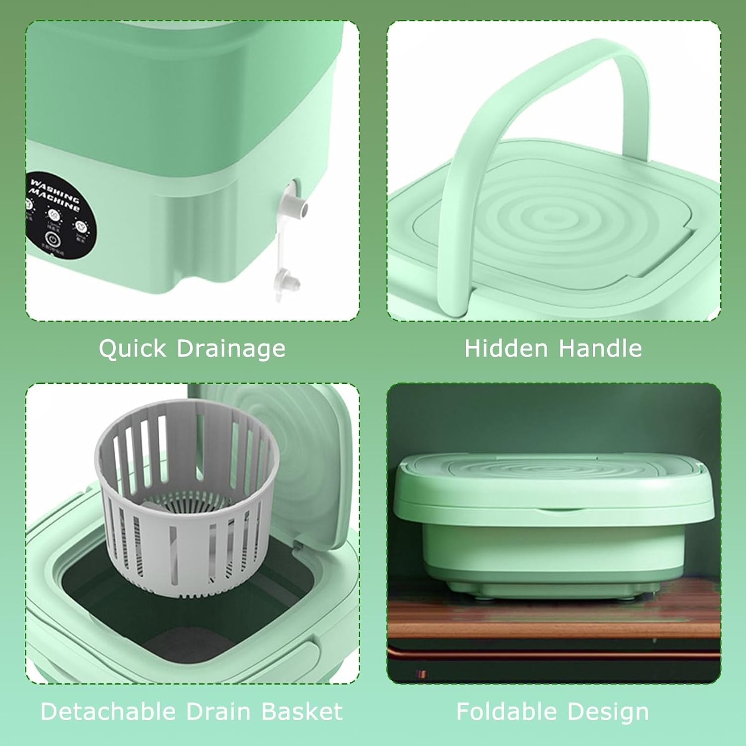 Portable Washing Machine, Foldable Mini Washing Machine with 3 Modes Deep Cleaning of Underwear, Small Clothes and Socks, Small Collapsible Laundry Washer for Apartments, Camping, Travel (Green)