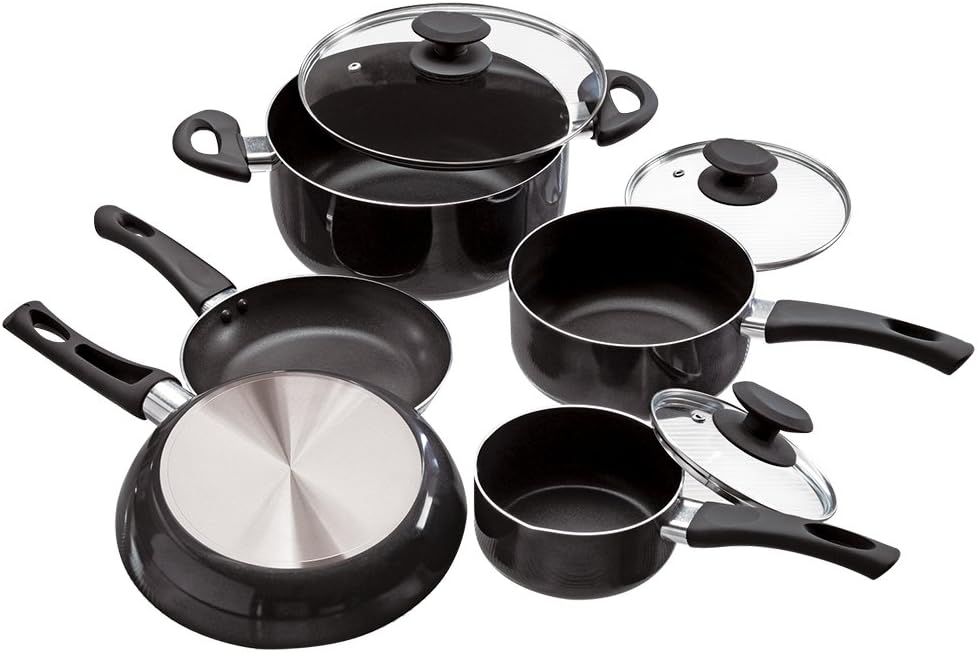 Ecolution Elements 8 Piece Nonstick Cookware Set, PFOA Free, Tempered Glass Steam Vented Lids, Grey