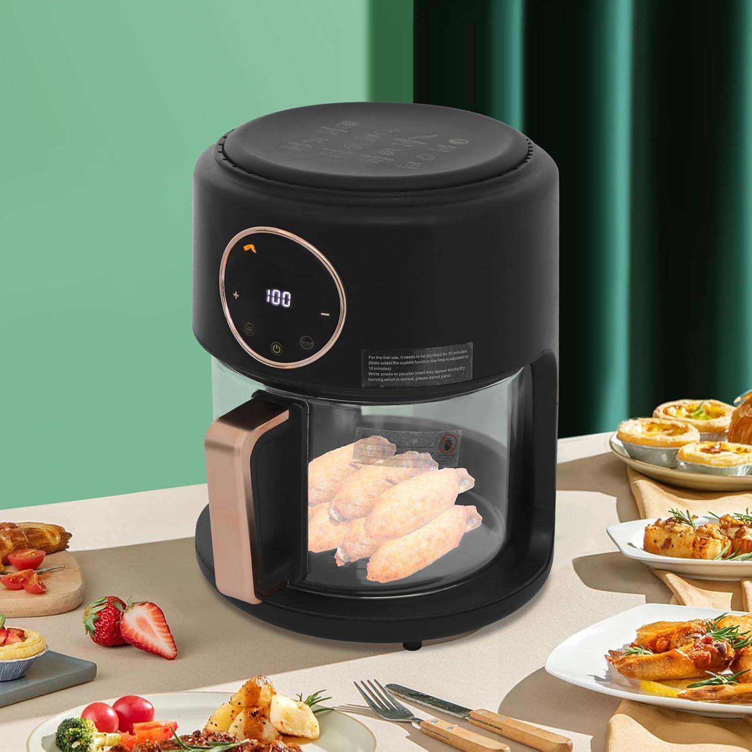 Glass Air Fryer 6-IN-1 3.8QT Air Fryer with Transparent Glass Fry Bowl Temperature Control 80℃-200℃ Adjustable Temp 60 Min Timer for Steak Fries Chicken (Black)