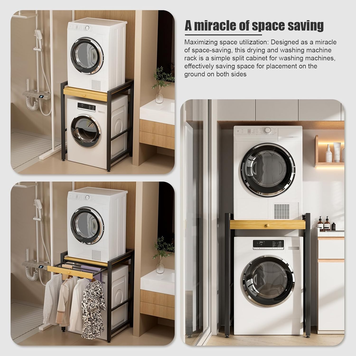 Washer Dryer Stacking Rack, Freestanding Over The Washer and Dryer Rack with Sliding Rail Hanger for Laundry Room, Bathroom Organization, 200KG Load Capacity, 24.8