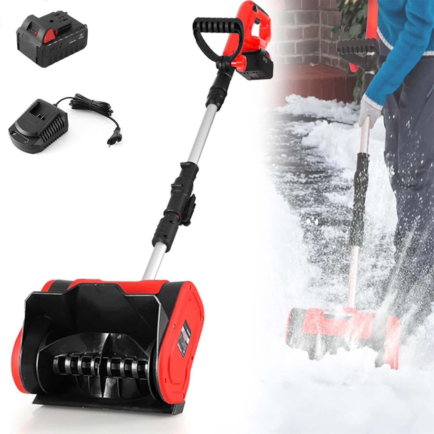 Snow Shovel Kit，Electric Snow Shovel 16 Inch Cordless Snow Shovel,for Driveway, Patio, Deck (Battery and Charger Included),Red-1Battery