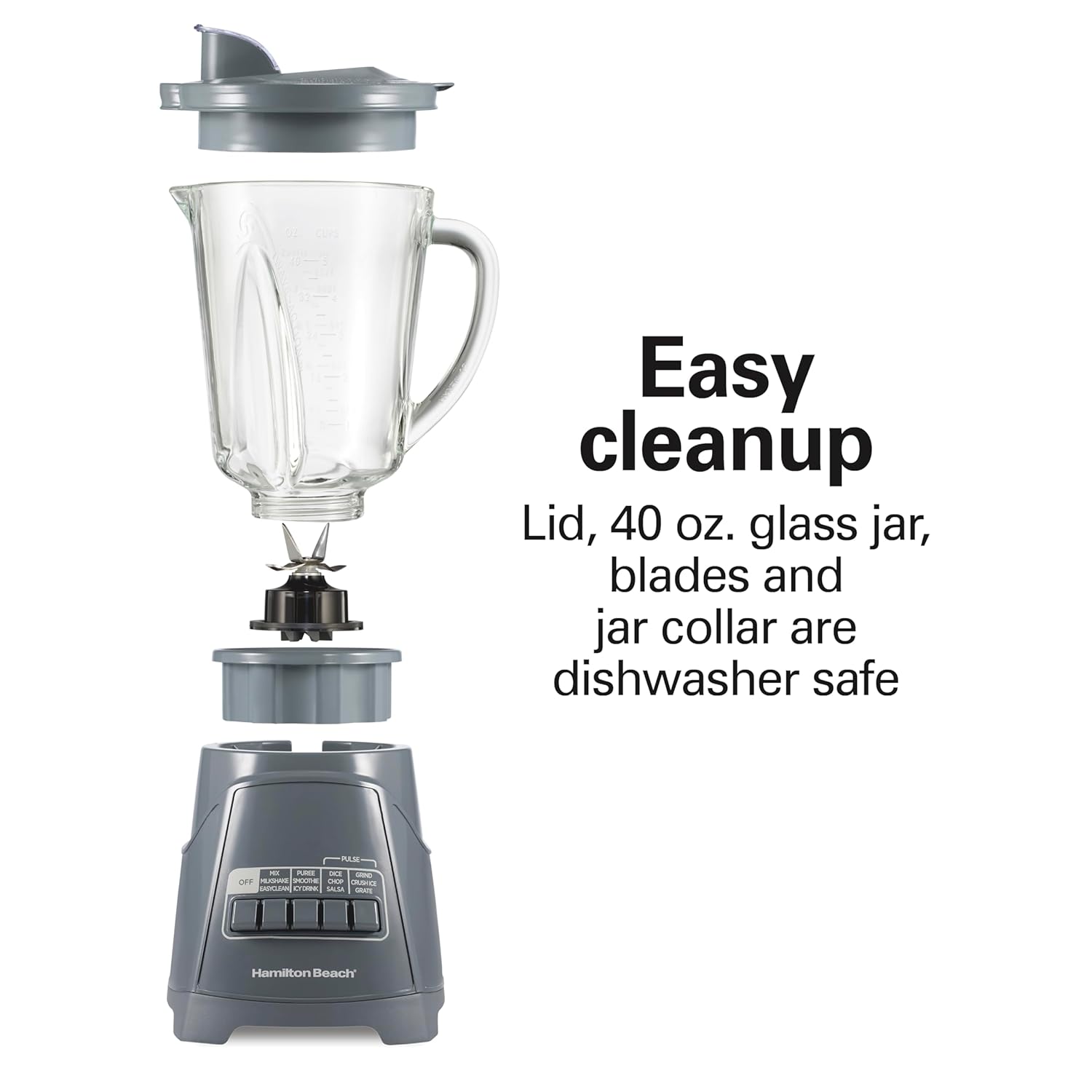 Hamilton Beach Power Elite Wave Action Blender For Smoothies, 40 Oz Glass Jar, 12 Functions Including Puree, Crush Ice, 700 Watts, Grey (58153J)