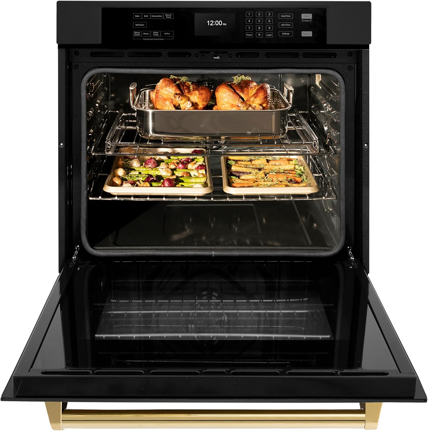 ZLINE 30 in. Autograph Edition Professional True Convection Single Wall Oven with Air Fry and Self Clean in Black Stainless Steel with Polished Gold Handle (WASBZ-30-G)